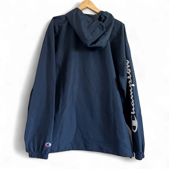 Champion Dark Blue Hooded Pull Over Windbreaker Front Pocket Jacket - Picture 2 of 2